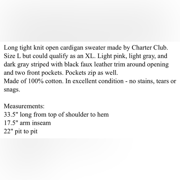 Charter Club Women's L Open Front Cardigan Sweater Faux Leather Trim Pocket Pink - Picture 9 of 9